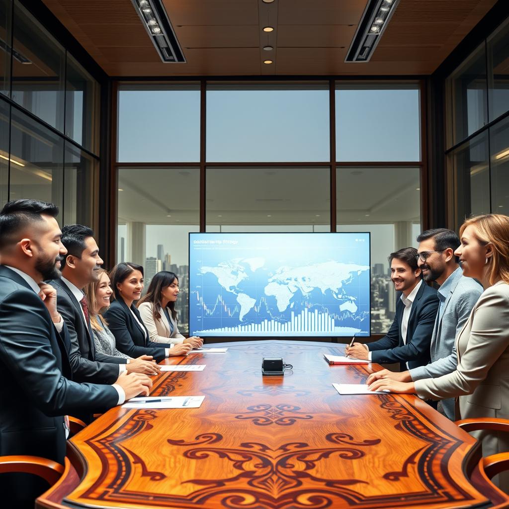 A professional business setting illustrating "global investment strategies." In the foreground, a diverse group of businesspeople, dressed in smart professional attire, are engaged in an animated discussion around an ornate wooden conference table. In the middle ground, a large digital screen displays dynamic graphs and world maps, symbolizing international markets. The background features a sleek office with floor-to-ceiling windows showcasing a panoramic city skyline, highlighting economic growth. The lighting is bright yet warm, creating an inviting atmosphere, emphasizing teamwork and collaboration. The angle captures the group from slightly above, giving a comprehensive view of their strategy-focused interaction. The overall mood conveys optimism, professionalism, and strategic planning. A professional business setting illustrating "global investment strategies." In the foreground, a diverse group of businesspeople, dressed in smart professional attire, are engaged in an animated discussion around an ornate wooden conference table. In the middle ground, a large digital screen displays dynamic graphs and world maps, symbolizing international markets. The background features a sleek office with floor-to-ceiling windows showcasing a panoramic city skyline, highlighting economic growth. The lighting is bright yet warm, creating an inviting atmosphere, emphasizing teamwork and collaboration. The angle captures the group from slightly above, giving a comprehensive view of their strategy-focused interaction. The overall mood conveys optimism, professionalism, and strategic planning.