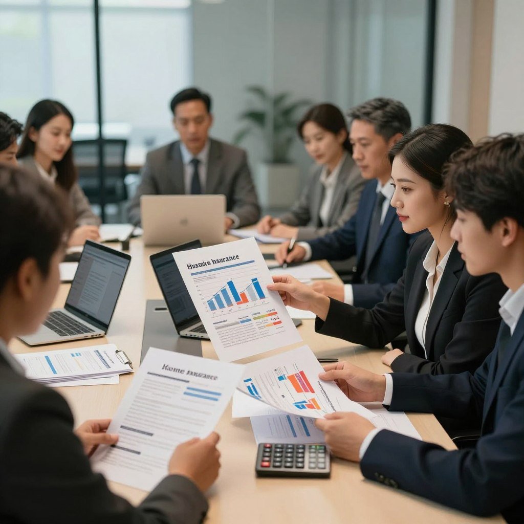 A professional business setting with a diverse group of people seated around a sleek conference table, comparing home insurance documents and charts. In the foreground, a confident woman in smart business attire points to a colorful infographic displaying various home insurance rates. In the middle, a well-organized table features laptops, calculators, and neatly arranged papers highlighting different insurance quotes. The background showcases a modern office with large windows letting in natural light, creating an atmosphere of focus and collaboration. The lighting is warm and inviting, with a slight soft focus on the background to emphasize the subject. The image conveys a sense of diligence and professionalism as they engage in a serious discussion about home insurance rates.