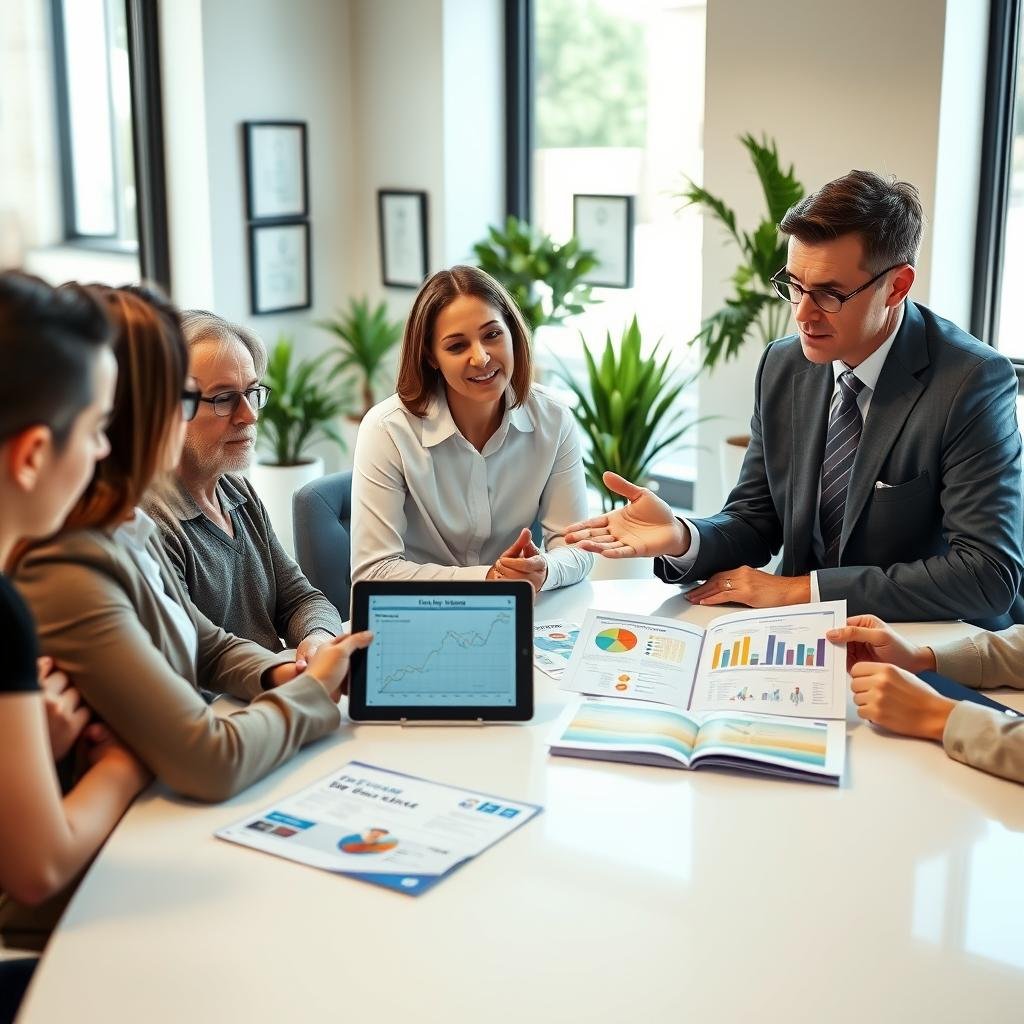 A professional financial advisor discussing life insurance options in a modern office setting. In the foreground, a diverse group of clients, including a middle-aged couple and a younger individual, are seated around a sleek conference table, reviewing colorful brochures highlighting different life insurance policies and riders. The advisor, a well-dressed person in a smart suit, gestures towards a digital tablet displaying clear graphs and illustrations of policy features. In the middle ground, potted plants and framed certificates create a welcoming atmosphere. The background features large windows allowing natural light to filter in, casting soft shadows and adding warmth to the scene. The mood is informative and focused, emphasizing the importance and benefits of policy riders in life insurance plans.