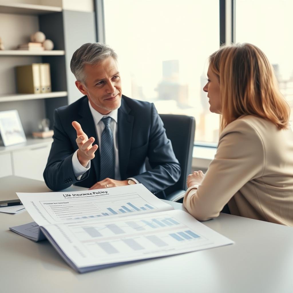 A professional financial advisor, dressed in business attire, sits across from a client at a modern, well-lit office desk. The foreground features a detailed life insurance policy document, open and clearly visible with graphs and relevant figures. In the middle, the advisor gestures towards the document, engaging the client with an attentive expression. The background includes shelves with financial books and a large window revealing a cityscape, letting in soft, natural light that creates a warm and inviting atmosphere. Use a shallow depth of field to keep the focus on the interaction, highlighting the importance of informed decision-making in life insurance. The mood is one of professionalism and trust.