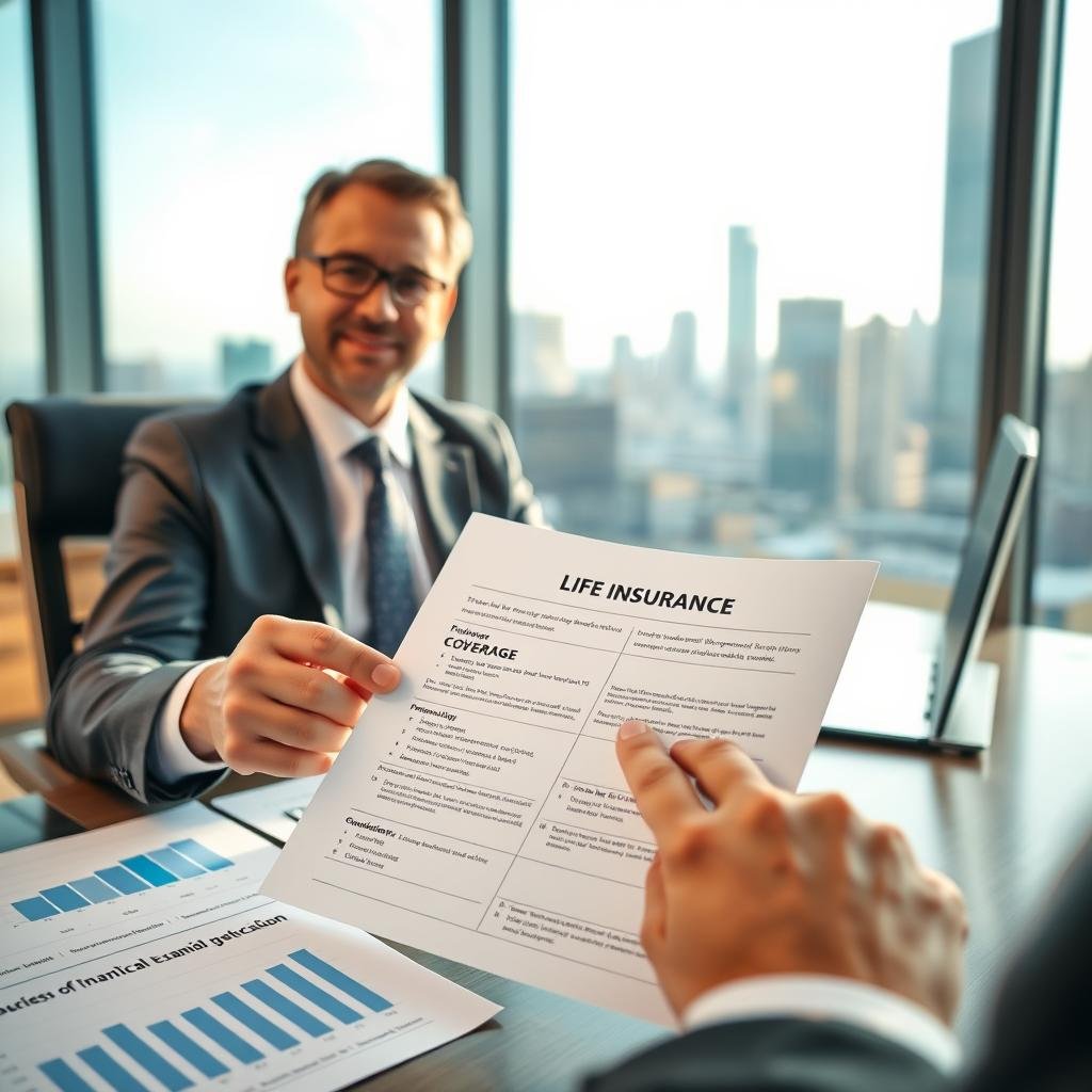 A professional financial advisor in business attire, seated at a modern office desk, reviewing a life insurance policy document that highlights coverage details. In the background, a large window reveals a cityscape with skyscrapers, symbolizing success and security. Soft, natural light filters in, creating an inviting atmosphere. On the desk, there are charts and graphs related to insurance statistics, emphasizing clarity and transparency in services without medical exam exclusions. The foreground features a close-up of the advisor's hands, pointing to the policy, illustrating attentive consultation. The overall mood is reassuring and informative, capturing the essence of straightforward financial planning and accessible insurance solutions, without distractions or unrelated elements.