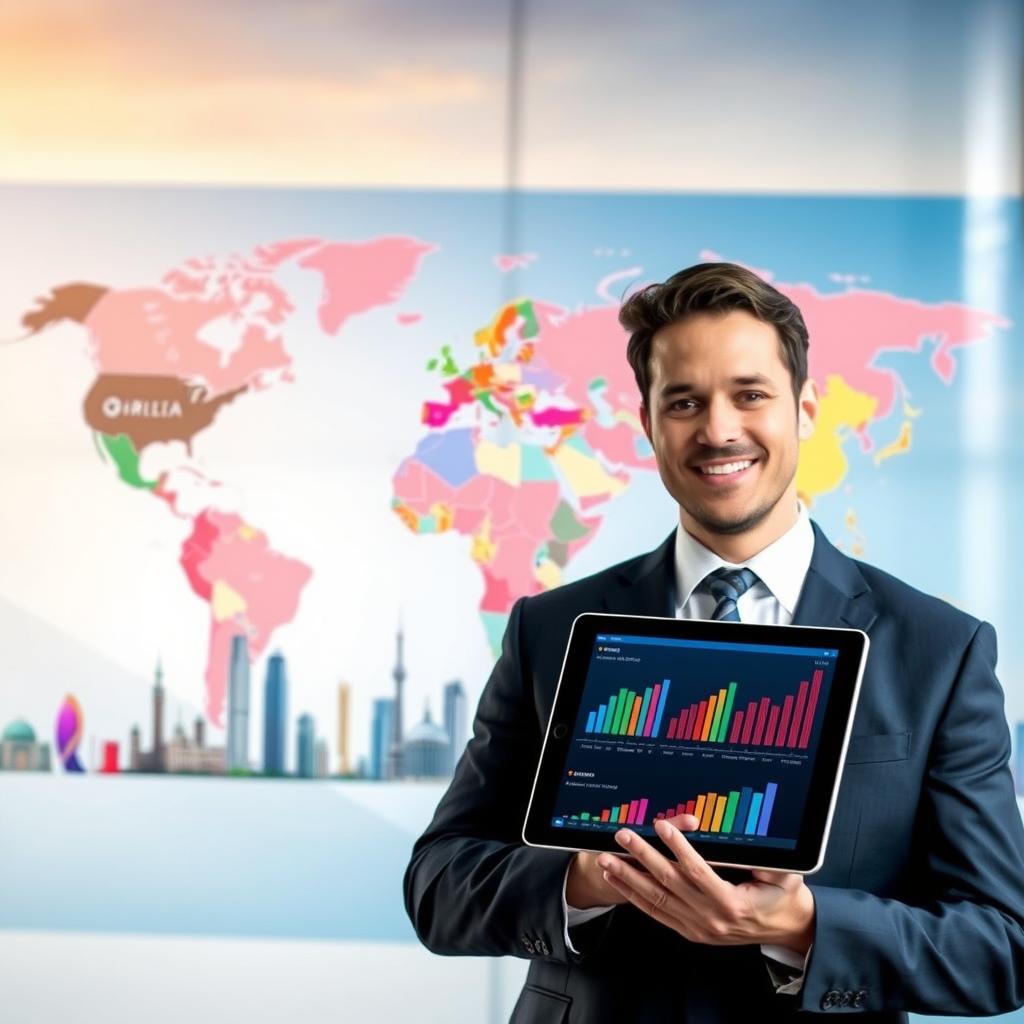 A professional financial advisor in business attire stands beside a large digital world map, illustrating the concept of international dividend payments. In the foreground, the advisor holds a tablet displaying colorful charts and graphs that represent diverse countries' stock dividends. The middle ground features iconic landmarks from various global cities, symbolizing different countries’ economies, while the background includes a soft gradient sky, suggesting a dawn of financial opportunity. The scene is well-lit, highlighting the tablet and advisor, creating a bright and inviting atmosphere, with a slight depth of field effect that draws focus to the central figures. The mood is optimistic and educational, ideal for conveying the concept of international dividends in a clear and engaging way. A professional financial advisor in business attire stands beside a large digital world map, illustrating the concept of international dividend payments. In the foreground, the advisor holds a tablet displaying colorful charts and graphs that represent diverse countries' stock dividends. The middle ground features iconic landmarks from various global cities, symbolizing different countries’ economies, while the background includes a soft gradient sky, suggesting a dawn of financial opportunity. The scene is well-lit, highlighting the tablet and advisor, creating a bright and inviting atmosphere, with a slight depth of field effect that draws focus to the central figures. The mood is optimistic and educational, ideal for conveying the concept of international dividends in a clear and engaging way.