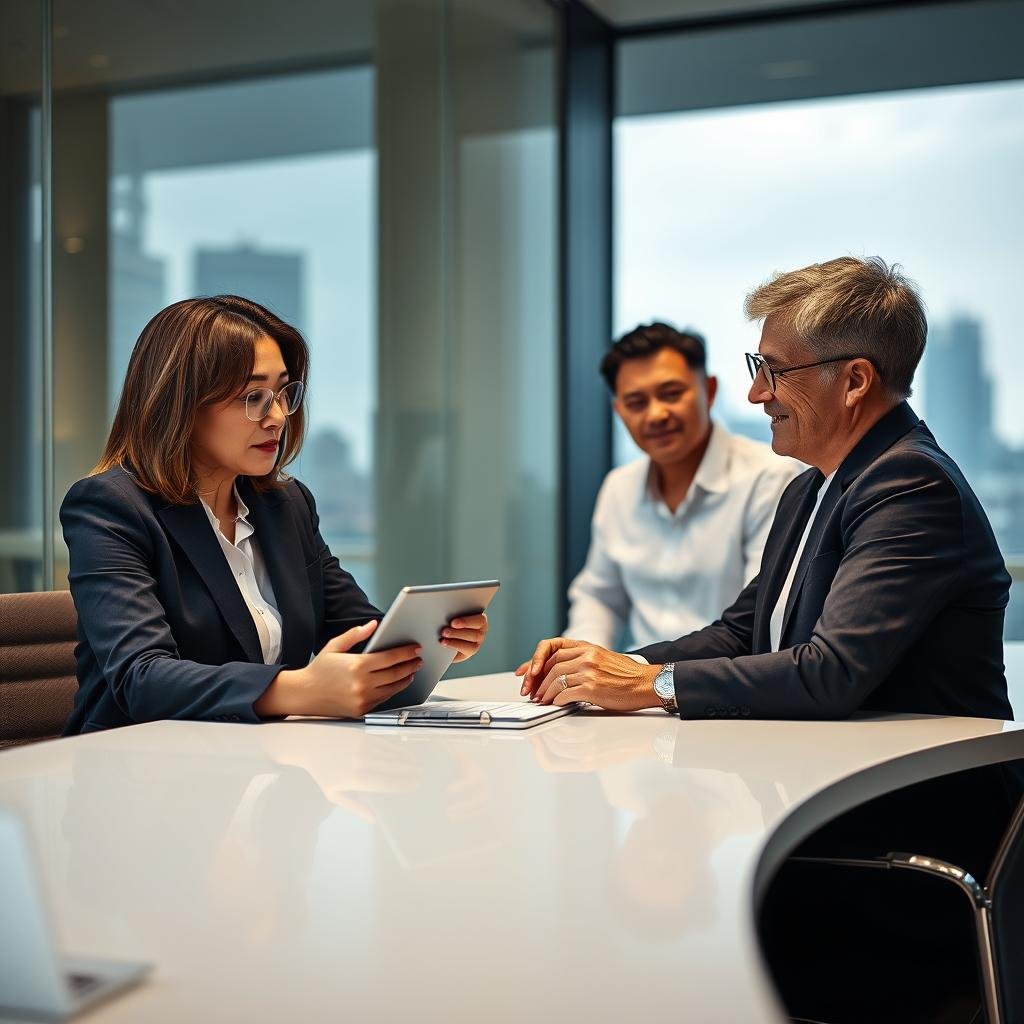 A professional financial advisor sitting at a sleek modern desk, engaged in a discussion with a diverse couple who appear contemplative and interested. The advisor, a middle-aged woman in a tailored navy suit, uses a tablet to show financial data. The couple, a man in a crisp white shirt and a woman in a smart blouse, lean forward, displaying curiosity and engagement. The background features a large window with natural light streaming in, showcasing a city skyline. Soft, warm lighting envelops the scene, creating a welcoming atmosphere. Focus on the expressions of engagement and understanding among the subjects, with a depth of field effect emphasizing the advisor and clients in the foreground while softly blurring the details of the office background.