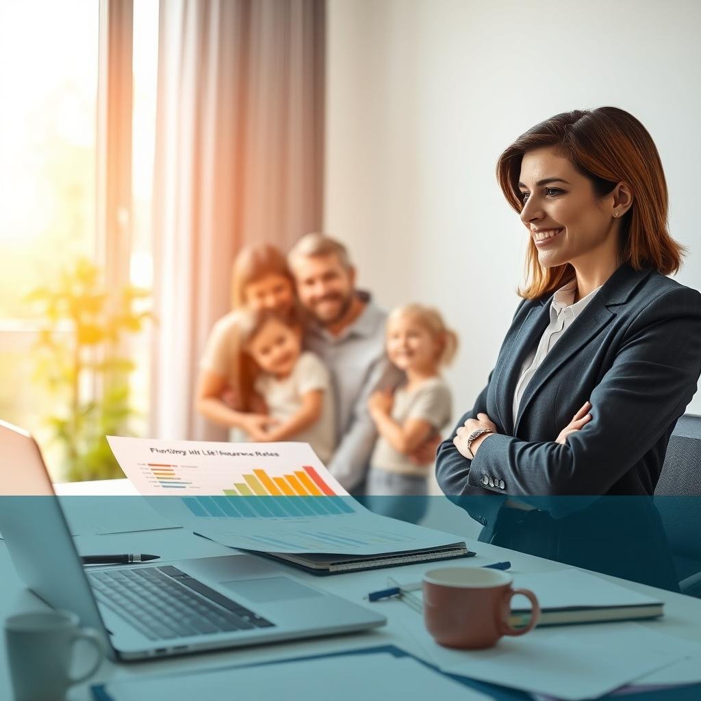 A professional financial advisor standing confidently at a desk, reviewing colorful charts and graphs displaying life insurance rates, emphasizing affordability and options for families. The foreground features a neatly organized office environment with a laptop, notepad, and a coffee cup. In the middle ground, a family can be seen smiling, symbolizing security and peace of mind, with a blurred effect to keep the focus on the advisor. The background showcases a large window with natural light streaming in, enhancing the warm and inviting atmosphere. The image captures a sense of optimism and stability, conveying the importance of finding the best life insurance rates for families. Use soft lighting with a slightly elevated camera angle for a professional look. A professional financial advisor standing confidently at a desk, reviewing colorful charts and graphs displaying life insurance rates, emphasizing affordability and options for families. The foreground features a neatly organized office environment with a laptop, notepad, and a coffee cup. In the middle ground, a family can be seen smiling, symbolizing security and peace of mind, with a blurred effect to keep the focus on the advisor. The background showcases a large window with natural light streaming in, enhancing the warm and inviting atmosphere. The image captures a sense of optimism and stability, conveying the importance of finding the best life insurance rates for families. Use soft lighting with a slightly elevated camera angle for a professional look.