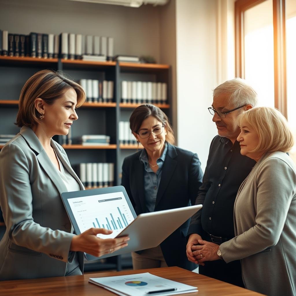 A professional financial planner in a modern office setting discussing life insurance options with a middle-aged couple. The planner is a confident woman wearing business attire, gesturing towards a laptop displaying financial charts and graphs. The couple, dressed in smart casual clothing, listens attentively, with expressions of curiosity and thoughtfulness. In the background, there are shelves filled with financial books and a large window allowing natural light to flood the room, creating an inviting atmosphere. The lighting is warm and soft, highlighting the focus on collaboration and trust. The angle is slightly elevated, giving a comprehensive view of the engaging conversation and the professional environment.