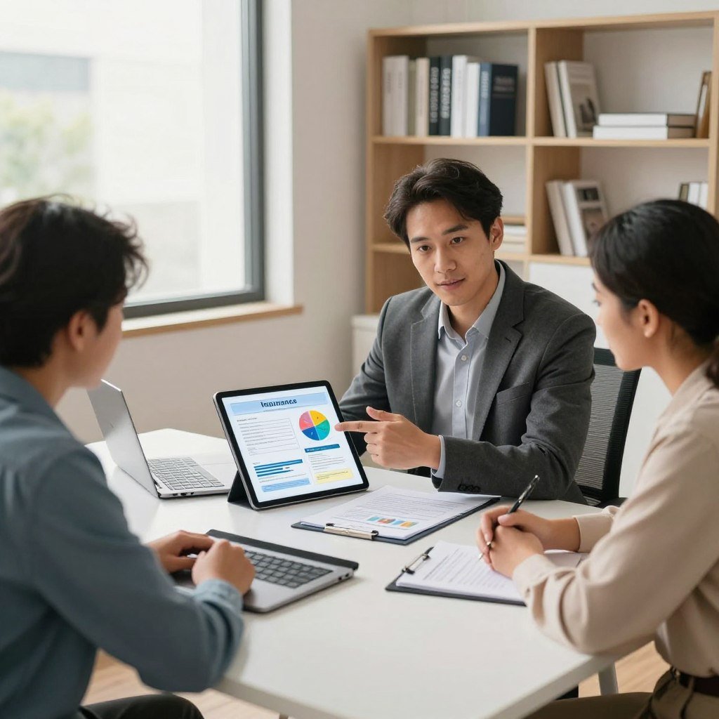 A professional insurance advisor sitting at a clean, modern desk, engaged in a personalized consultation with a diverse couple, both in business casual attire, discussing insurance options. The foreground features a laptop displaying various insurance documents and graphs, highlighting customization. In the middle, the advisor is pointing to a digital tablet showing a customizable insurance policy interface with colorful visual aids. The background includes shelves with neatly organized insurance books and a large window letting in soft, natural light, creating an inviting atmosphere. The image conveys a sense of trust, professionalism, and friendliness, suggesting that the service is tailored to fit individual lifestyles. Use a wide-angle lens to capture the entire scene with warm, soft lighting to enhance the welcoming mood.