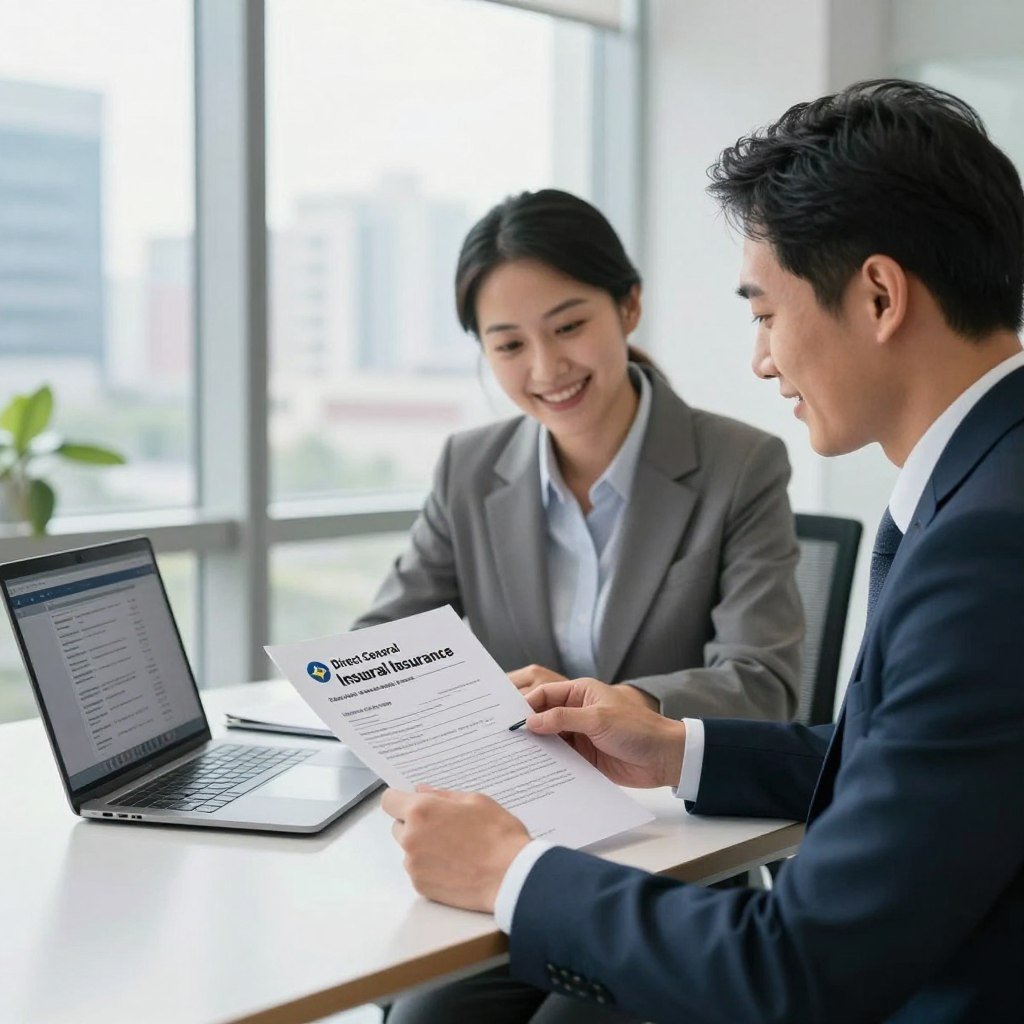 A professional insurance agent in business attire, seated at a sleek desk in a modern office environment, is engaged in issuing a Direct General Insurance policy to a smiling client. The foreground features the agent's focused expression, with an open policy document and a laptop displaying digital data. In the middle, the client attentively reviews the paperwork, showcasing trust and satisfaction. The background features large windows revealing a bright, sunny cityscape, creating an atmosphere of optimism and security. Soft, natural lighting floods the room, enhancing the professional tone. The image captures the essence of reliability and the key advantages of Direct General Insurance, centered on protection and peace of mind.