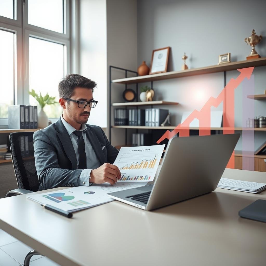 A professional life insurance agent sitting at a modern desk, comparing life insurance premium charts and documents. In the foreground, the agent, dressed in business attire, is intently focused on a laptop displaying colorful graphs and statistics. The middle layer features a neatly organized office setting, with a large window revealing a bright, sunny day outside, casting soft natural light across the workspace. On the wall, shelves are lined with insurance books and awards, adding an air of credibility and professionalism. In the background, abstract representations of financial growth, such as upward-trending arrows and dollar signs, create a supportive atmosphere. The mood is serious yet optimistic, emphasizing the importance of informed decision-making in life insurance. Use a wide-angle lens to capture the entirety of the scene, providing depth and clarity.