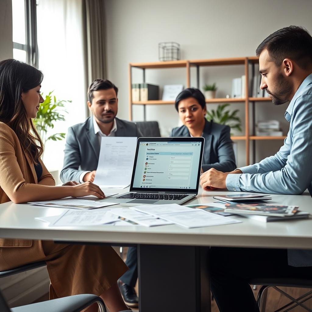 A professional life insurance application process scene, showcasing a well-lit office setting. In the foreground, a diverse group of individuals—two professional businesspeople and a client—sit together at a sleek conference table, reviewing documents. The middle layer includes a large laptop open with an online application form displayed, and paperwork scattered around, showcasing important details like forms and brochures. In the background, a modern bookshelf filled with insurance literature and a plant, creating a welcoming atmosphere. Soft, natural lighting streams through a window, adding warmth and a sense of trust to the scene. The mood is serious yet approachable, emphasizing professionalism and diligence in the life insurance process.