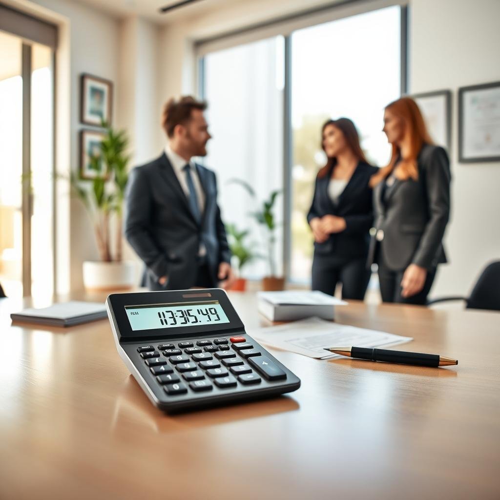 A professional life insurance calculator displayed prominently on a sleek, modern desk in an office environment. In the foreground, the calculator features a bright, easy-to-read digital display surrounded by client documents and a pen. The middle of the scene includes a financial advisor, dressed in a tailored suit, engaged in discussion with a couple, both in business attire, appearing focused and attentive. Soft natural light streams through large windows in the background, creating an inviting atmosphere. The office is decorated with potted plants and framed certifications, conveying professionalism and trust. The angle captures the interaction between the advisor and clients, emphasizing collaboration and guidance in determining coverage needs.
