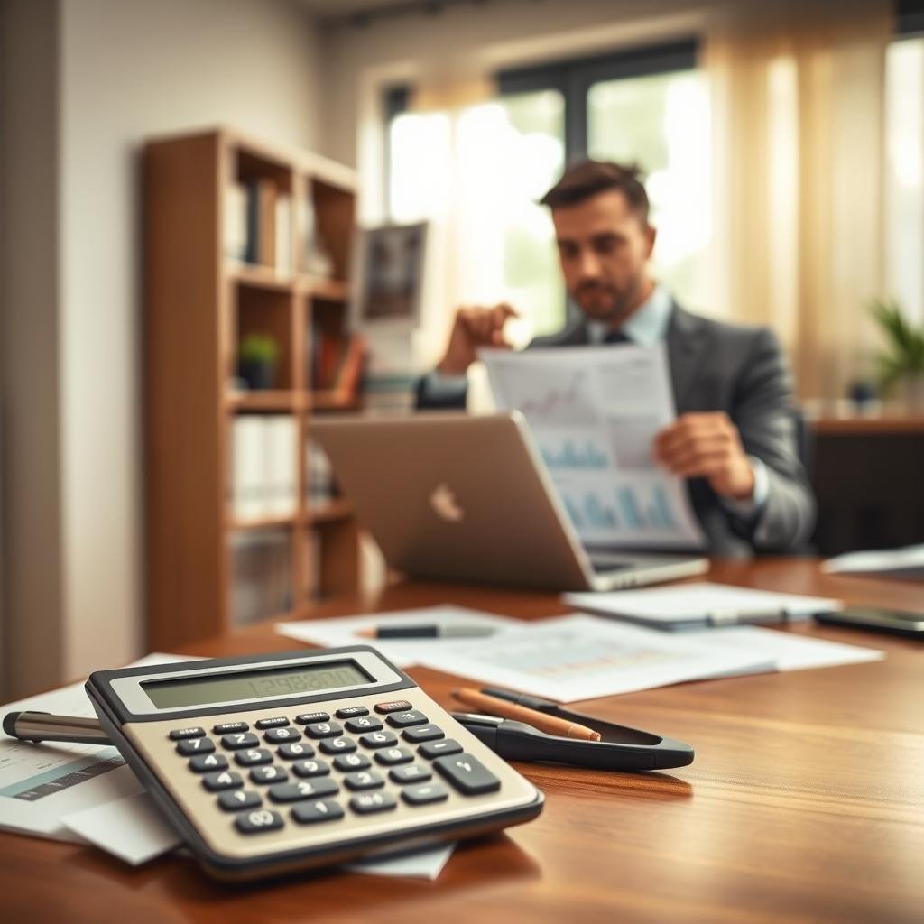 A professional life insurance calculator displayed prominently on a sleek wooden desk in an office environment. In the foreground, the calculator is surrounded by financial documents and a pen, indicating active use. In the middle ground, a well-dressed professional (male or female, wearing business attire) is thoughtfully analyzing the calculator results with a laptop open, displaying graphs and data charts. The background features a well-organized bookshelf with insurance-related books and a soft-focus window allowing natural light to illuminate the scene. The atmosphere is calm and focused, suggesting a moment of careful financial planning for a family’s future. Soft, warm lighting enhances the inviting mood while maintaining a professional look.