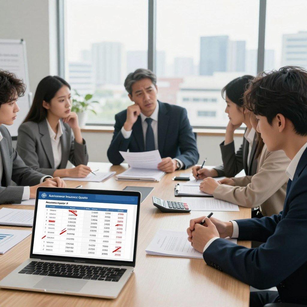 A professional-looking office environment featuring a diverse group of people, including a middle-aged man in a suit and a young woman in smart casual attire, discussing auto insurance quotes around a large conference table. The foreground shows a laptop displaying a comparison chart of insurance quotes with various errors highlighted in red, like incorrect dates and prices. In the middle, there are stacks of paperwork and a calculator, symbolizing the analysis of quotes. The background includes a large window with soft, natural light streaming in, showcasing a city skyline. The mood is focused and slightly tense, as they are engaged in a serious discussion about avoiding common mistakes in obtaining insurance quotes. The image should feel professional and informative, with a clean and organized aesthetic.