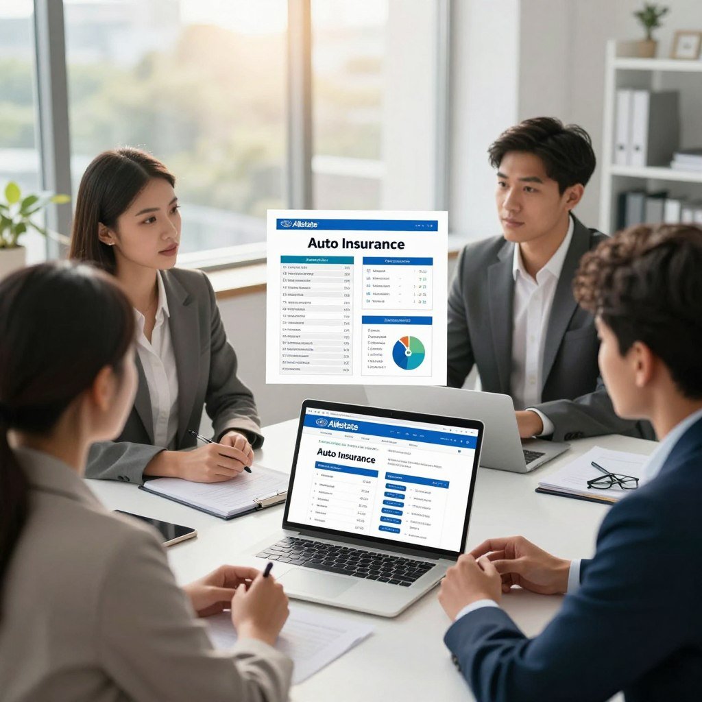 A professional, modern office environment featuring a clean desk with a laptop open to a webpage displaying various auto insurance quotes from Allstate. In the foreground, a diverse group of three business professionals—two women and one man—are engaged in a discussion, dressed in smart business attire. The middle layer showcases a printed comparison sheet with highlighted quotes and relevant graphics about Allstate auto insurance. In the background, a large window reveals a bright, sunny day, enhancing the atmosphere of clarity and trust. Soft, natural lighting creates a warm, inviting mood. The angle is slightly elevated, capturing both the professionals’ enthusiasm and the dynamic visual elements of the insurance comparison vividly.