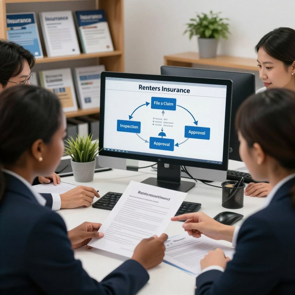 A professional office environment illustrating the renters insurance claim process. In the foreground, a diverse group of individuals (one Black woman, one Asian man, and one Hispanic woman) in smart business attire review paperwork together at a desk, with the woman pointing to a document. In the middle, a computer monitor displays a graphical flowchart of the claim process, highlighting key steps like 'File a Claim', 'Inspection', and 'Approval'. The background features shelves filled with insurance brochures and a potted plant for a touch of warmth. The lighting is soft and inviting, with a focus on clear details, creating a productive and hopeful atmosphere. The camera angle is slightly overhead, capturing the collaboration and focus in the room.