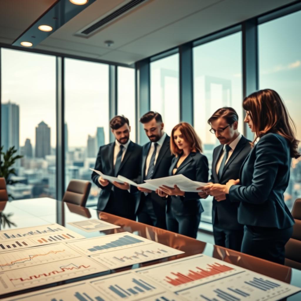 A professional office environment showcasing the historical performance of corporate bonds. In the foreground, an elegant conference table with financial reports laid out, displaying graphs and charts showing bond performance trends, illuminated by soft, warm overhead lighting. In the middle ground, a diverse group of four business professionals in formal attire, analyzing the reports and discussing insights, with expressions of focus and engagement. In the background, large windows revealing a contemporary city skyline, adding a sense of corporate landscape. The overall mood is one of professionalism and analytical contemplation, with a slightly blurred, dynamic perspective, emphasizing collaboration and corporate diligence.