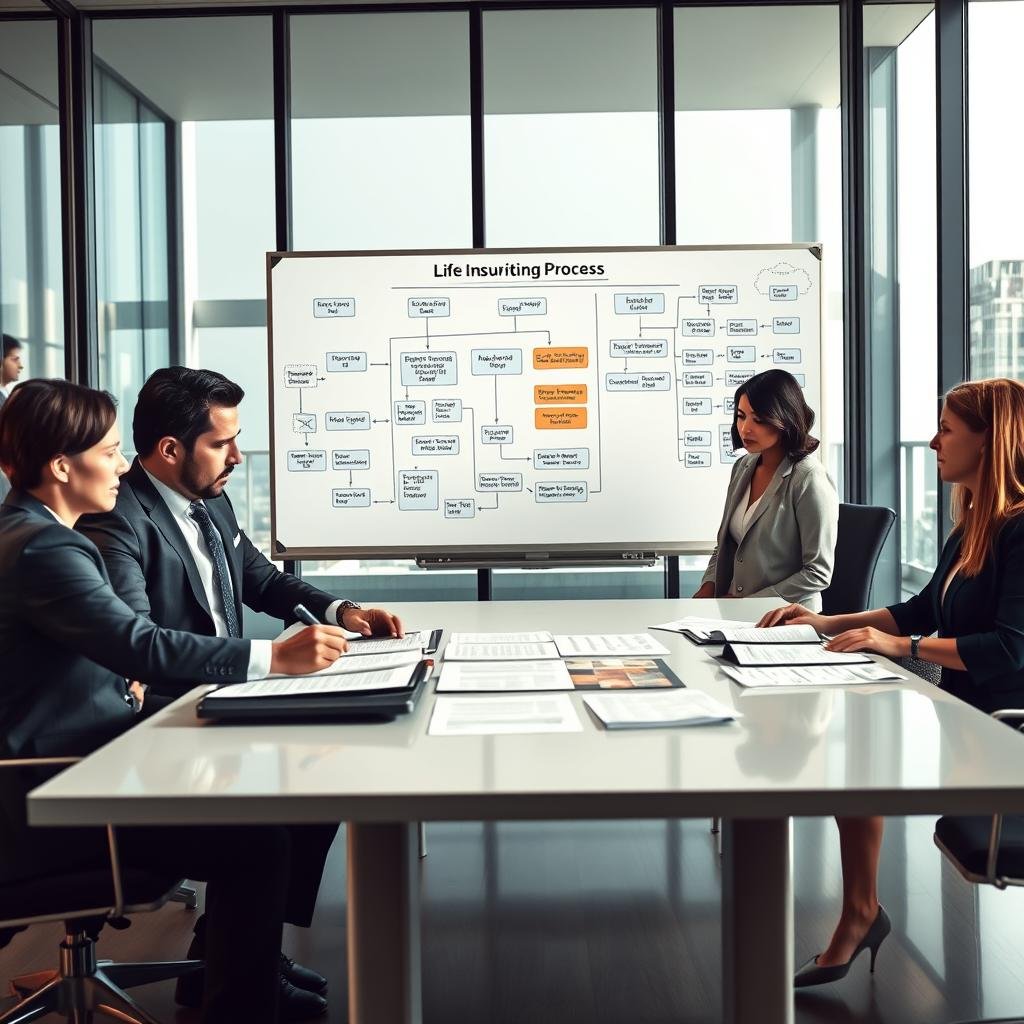 A professional office environment showcasing the whole life insurance underwriting process. In the foreground, a diverse group of three insurance underwriters in professional attire—a man in a tailored suit, a woman in a business dress, and a person in a smart blazer—engaged in discussion over detailed reports and charts on a sleek, modern conference table. In the middle ground, a large whiteboard displays flowcharts and visual aids illustrating the steps of the underwriting process, such as medical evaluations and risk assessments. The background features glass windows allowing natural light to flood the space, casting a warm, inviting atmosphere. The overall mood is focused yet collaborative, reflecting a sense of professionalism and diligence in assessing life insurance applications. Soft lighting enhances the clarity of the scene, captured with a slightly wide-angle lens to encompass the workspace.