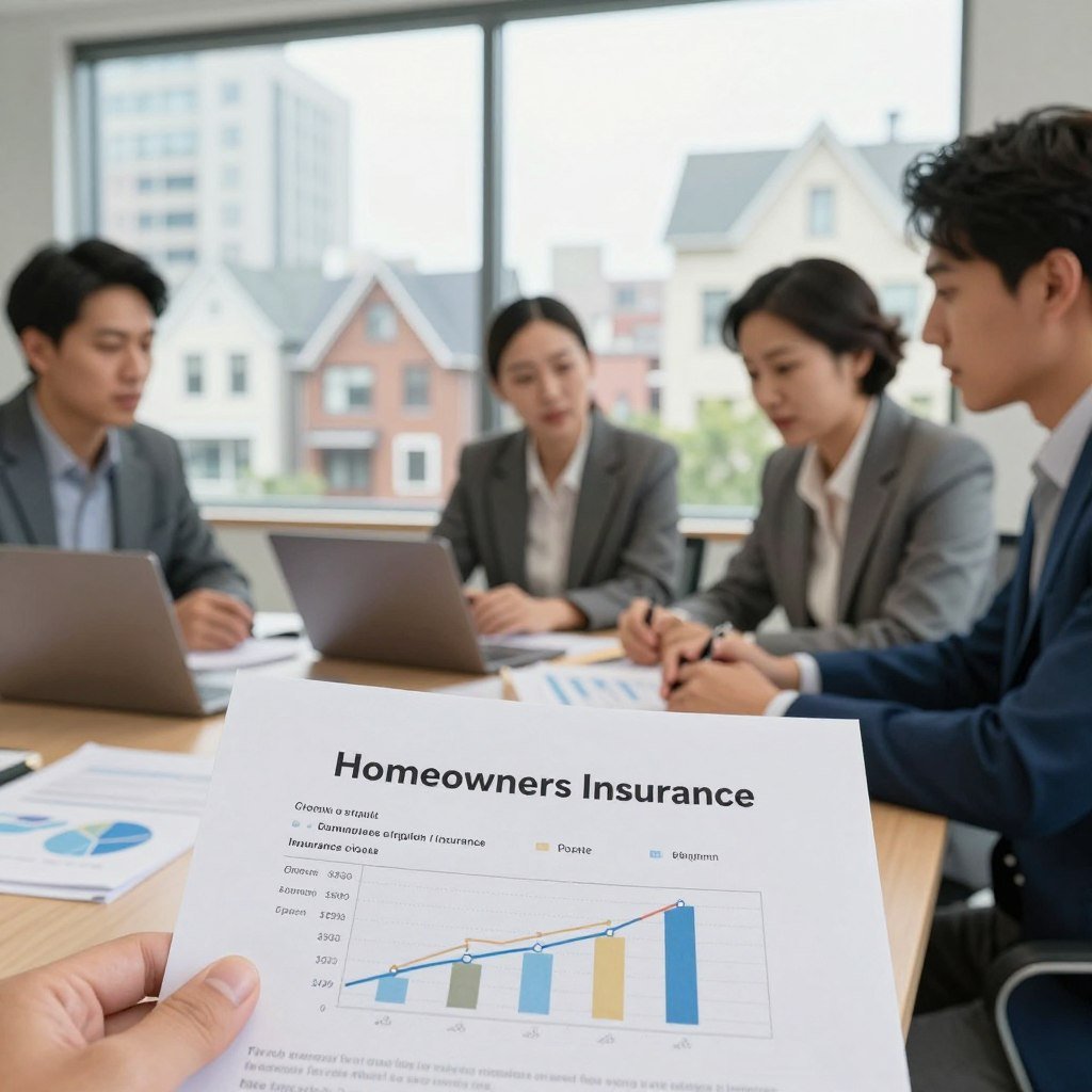 A professional office scene focused on homeowners insurance quotes, featuring a diverse group of three individuals in modest business attire gathered around a table covered with documents and a laptop. In the foreground, close-up of insurance papers with graphs and figures illustrating quote price fluctuations based on geographic locations. The middle ground displays the group deep in discussion, portraying focus and collaboration. The background should feature a large window with a cityscape view, emphasizing a variety of homes in different architectural styles, hinting at different geographic influences on insurance costs. Soft, natural lighting illuminates the room, creating a warm and inviting atmosphere, with a shallow depth of field to highlight the documents and people in focus.