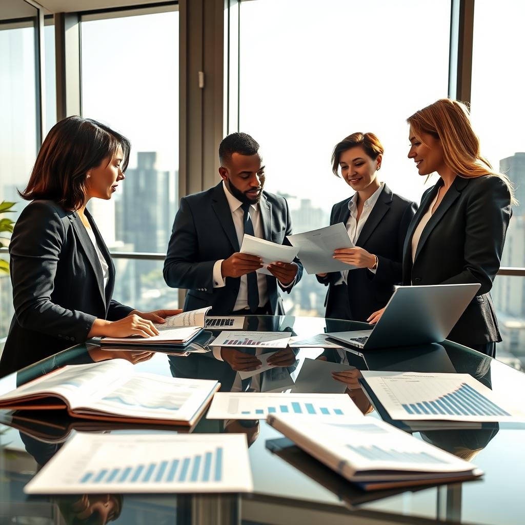 A professional office setting depicting a diverse group of people engaged in thoughtful discussion about life insurance. Foreground features a sleek glass table with open notebooks, laptops, and charts that illustrate trends in the life insurance industry. In the middle, three individuals in smart business attire—an Asian woman, a Black man, and a Caucasian woman—are analyzing documents and sharing insights, exuding collaboration and professionalism. The background showcases a large window that allows natural light to flood the room, revealing a cityscape. The atmosphere is focused and dynamic, conveying a sense of innovation and the importance of informed decision-making in life insurance. Use warm lighting to create a welcoming yet serious mood, with a slight depth of field to keep the focus on the individuals and the discussion at hand. A professional office setting depicting a diverse group of people engaged in thoughtful discussion about life insurance. Foreground features a sleek glass table with open notebooks, laptops, and charts that illustrate trends in the life insurance industry. In the middle, three individuals in smart business attire—an Asian woman, a Black man, and a Caucasian woman—are analyzing documents and sharing insights, exuding collaboration and professionalism. The background showcases a large window that allows natural light to flood the room, revealing a cityscape. The atmosphere is focused and dynamic, conveying a sense of innovation and the importance of informed decision-making in life insurance. Use warm lighting to create a welcoming yet serious mood, with a slight depth of field to keep the focus on the individuals and the discussion at hand.