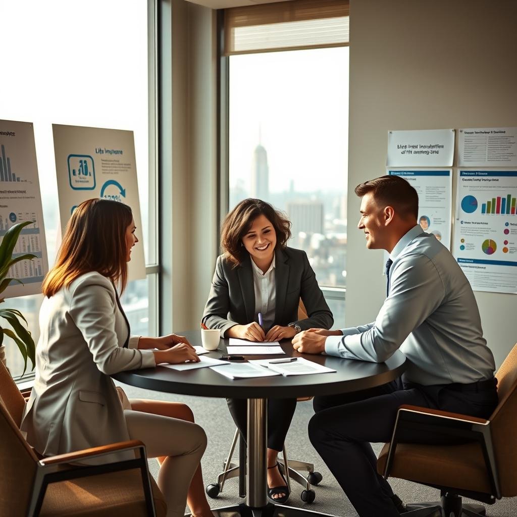 A professional office setting depicting the top-rated life insurance providers. In the foreground, a diverse group of three professionals in business attire engages in a discussion around a round table filled with documents and a laptop. The middle layer reveals a large window showcasing a city skyline, casting soft, natural light into the room, creating a warm and inviting atmosphere. The background features charts and infographics on the walls highlighting common misconceptions about life insurance, subtly promoting an informative mood. Use a slightly elevated camera angle to capture the teamwork and engagement among the professionals, emphasizing trust and reliability. Soft, diffused lighting enhances the professional yet approachable ambiance, ensuring a clean and polished look suitable for an article.