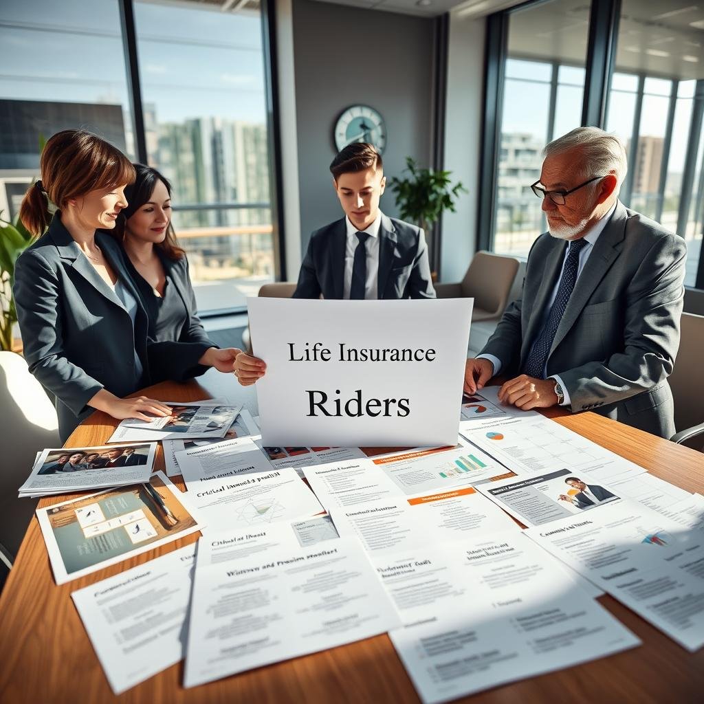 A professional office setting focusing on life insurance concepts. In the foreground, a diverse group of three individuals, a middle-aged woman in a smart blazer, a young man in formal attire, and an older man in a tailored suit, discussing a document titled "Life Insurance Riders." In the middle, a large table cluttered with various insurance brochures and charts illustrating different riders and benefits, such as critical illness, accidental death, and waiver of premium. The background showcases a modern office with large windows allowing natural light to stream in, creating a bright and hopeful atmosphere. Soft shadows add depth, emphasizing the importance of protection and security in life insurance. The setting conveys professionalism and trust, ideal for understanding the value of insurance riders.