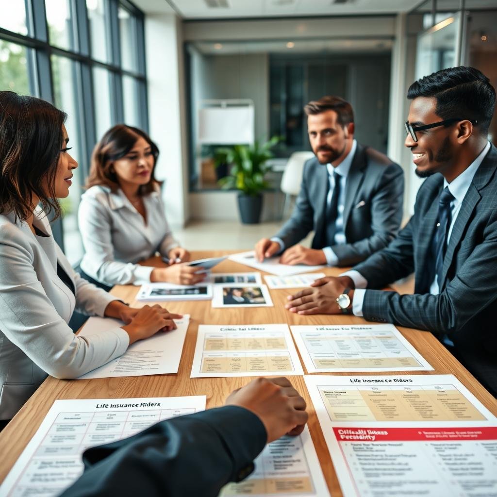 A professional office setting focusing on life insurance riders. In the foreground, a diverse group of three business professionals, one woman and two men, engaged in discussion about life insurance options, dressed in smart business attire. In the middle, a large table is covered with brochures and charts depicting various life insurance riders, with clear visuals of coverage features like critical illness, disability income, and accidental death. The background features a modern office with large windows allowing natural light to stream in, creating a bright and inviting atmosphere. The mood is collaborative and informative, suggesting a proactive approach to insurance planning. The composition is captured from a slightly elevated angle to showcase the interaction and materials on the table. Soft focus on the background to emphasize the professionals' discussion. A professional office setting focusing on life insurance riders. In the foreground, a diverse group of three business professionals, one woman and two men, engaged in discussion about life insurance options, dressed in smart business attire. In the middle, a large table is covered with brochures and charts depicting various life insurance riders, with clear visuals of coverage features like critical illness, disability income, and accidental death. The background features a modern office with large windows allowing natural light to stream in, creating a bright and inviting atmosphere. The mood is collaborative and informative, suggesting a proactive approach to insurance planning. The composition is captured from a slightly elevated angle to showcase the interaction and materials on the table. Soft focus on the background to emphasize the professionals' discussion.