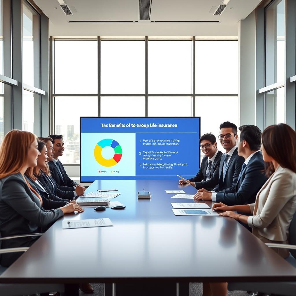 A professional office setting illustrating the tax implications of group life insurance. In the foreground, a diverse group of business individuals, dressed in formal attire, are engaged in a discussion around a sleek conference table, with charts and documents spread out. The middle ground features a large digital screen displaying a pie chart and key points related to tax benefits of group life insurance. In the background, tall windows allow natural light to fill the room, producing a bright and focused atmosphere. Use a wide-angle lens to capture the entire scene, creating a sense of collaboration and professionalism. The mood is optimistic and serious, reflecting the importance of securing financial well-being for families through informed decisions.