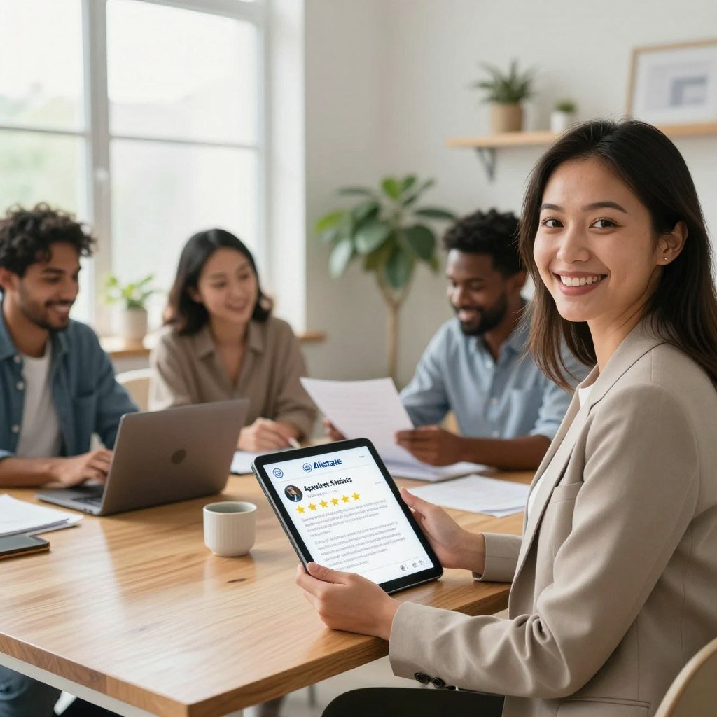 A professional office setting showcasing a diverse group of satisfied apartment insurance customers, smiling and interacting positively. In the foreground, a confident woman in smart business attire, holding a tablet displaying positive customer reviews. In the middle, a diverse group of individuals, including a man and a woman discussing over documents, with an open laptop on the table showing a high satisfaction rating. The background features a bright window with natural light streaming in, illuminating friendly decor elements like house plants and comfortable seating. The atmosphere is warm and inviting, symbolizing trust and contentment in Allstate Apartment Insurance services. The scene is well-lit with a soft focus, using a wide-angle lens to capture the collaborative and positive mood.