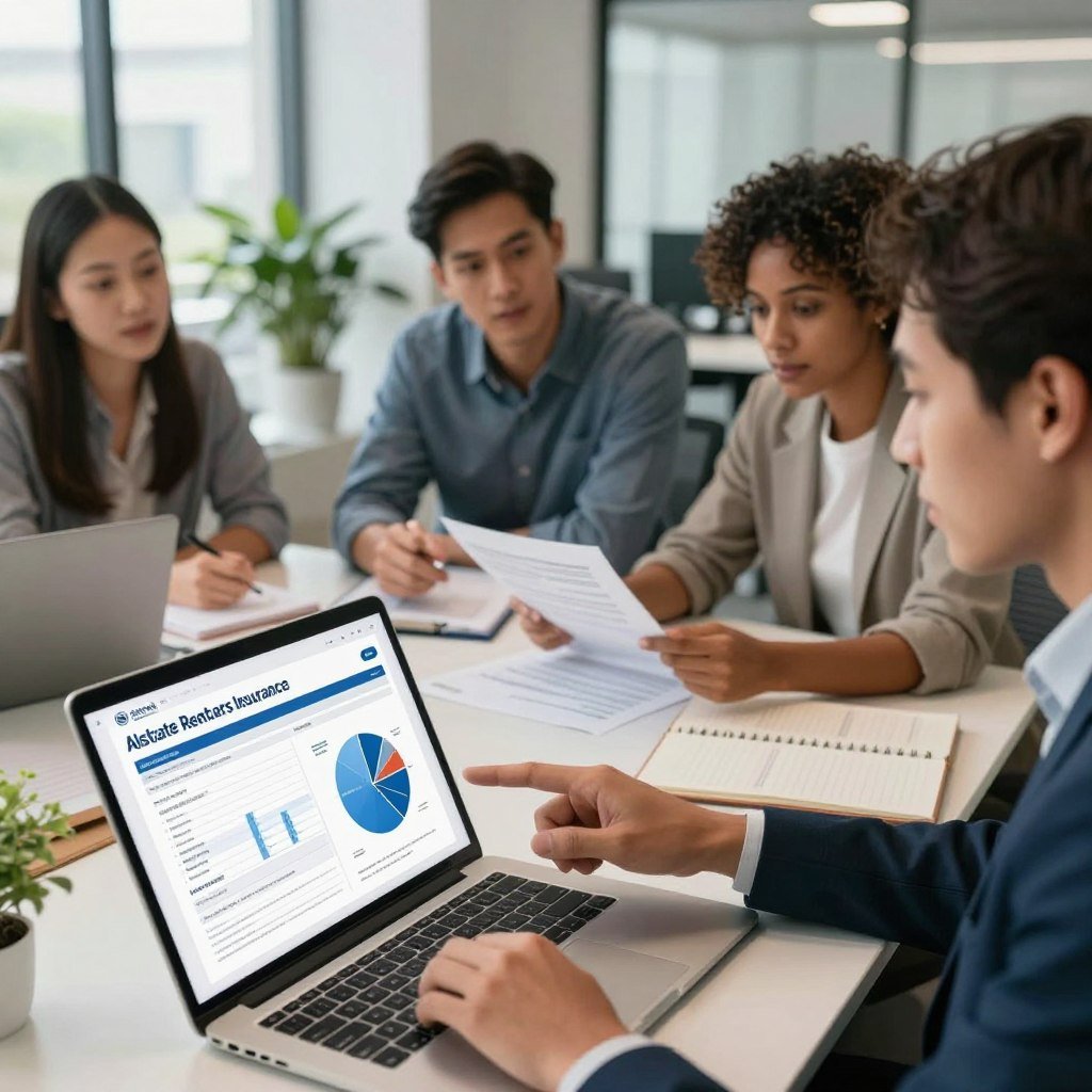 A professional office setting with a diverse group of individuals gathered around a table, engaged in a discussion about Allstate renters insurance coverage. In the foreground, emphasize a close-up of a laptop screen displaying an insurance quote document, with pie charts and infographics visible. In the middle ground, show people in business casual attire, two men and one woman, actively reviewing the documents, taking notes, and pointing at the screen with focused expressions. The background should feature a well-lit modern office with sleek furniture and plants, creating a welcoming atmosphere. Dramatic natural lighting from large windows enhances the mood of professionalism and attention to detail, shot from a slightly elevated angle to capture the collaborative spirit.