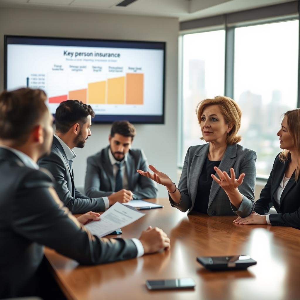 A professional office setting with a focus on a diverse group of businesspeople in professional attire gathered around a large conference table. In the foreground, a confident middle-aged woman is speaking, gesturing towards a chart illustrating different types of insurance, including key person insurance, on a digital screen behind her. The middle of the scene features a younger man taking notes, while another woman reviews documents. In the background, a large window reveals a cityscape, softly illuminated by natural light, creating a warm and inviting atmosphere. The image captures an atmosphere of collaboration and decision-making, emphasizing the importance of key person insurance in contrast to other insurance types. Photographed from a slightly elevated angle, the focus is sharp, highlighting facial expressions and engagement. A professional office setting with a focus on a diverse group of businesspeople in professional attire gathered around a large conference table. In the foreground, a confident middle-aged woman is speaking, gesturing towards a chart illustrating different types of insurance, including key person insurance, on a digital screen behind her. The middle of the scene features a younger man taking notes, while another woman reviews documents. In the background, a large window reveals a cityscape, softly illuminated by natural light, creating a warm and inviting atmosphere. The image captures an atmosphere of collaboration and decision-making, emphasizing the importance of key person insurance in contrast to other insurance types. Photographed from a slightly elevated angle, the focus is sharp, highlighting facial expressions and engagement.