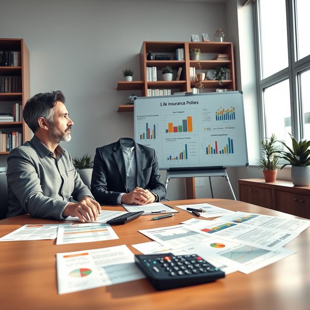 A professional office setting with an adult male and female financial advisor discussing life insurance policies over a conference table, both dressed in smart business attire. In the foreground, detailed financial documents and a calculator are spread out, with highlighted sections illustrating tax implications. In the middle, a large whiteboard displays colorful graphs and charts that visually represent tax benefits and calculations associated with life insurance. The background features a bookshelf filled with finance books and decorative plants, contributing to a warm and inviting atmosphere. Soft, natural daylight filters through large windows, casting gentle shadows, creating a focused yet approachable mood that emphasizes professionalism and trust.