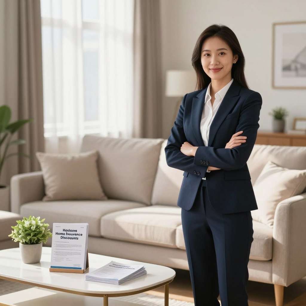 A professional real estate agent in a smart business suit stands confidently in a cozy, inviting living room filled with natural light. In the foreground, a modern coffee table displays a few brochures about home insurance discounts, neatly arranged next to a potted plant. In the middle ground, a comfortable sofa is complemented by soft cushions, suggesting warmth and safety. The background features a window with sheer curtains, allowing sunlight to cast soft shadows across the room. The atmosphere is friendly and reassuring, emphasizing peace of mind for homeowners wanting to save money. The image is well-lit, with a focus on the agent's welcoming expression, suggesting professionalism and reliability in home insurance advice. No text or logos are included, creating a clean, polished look.