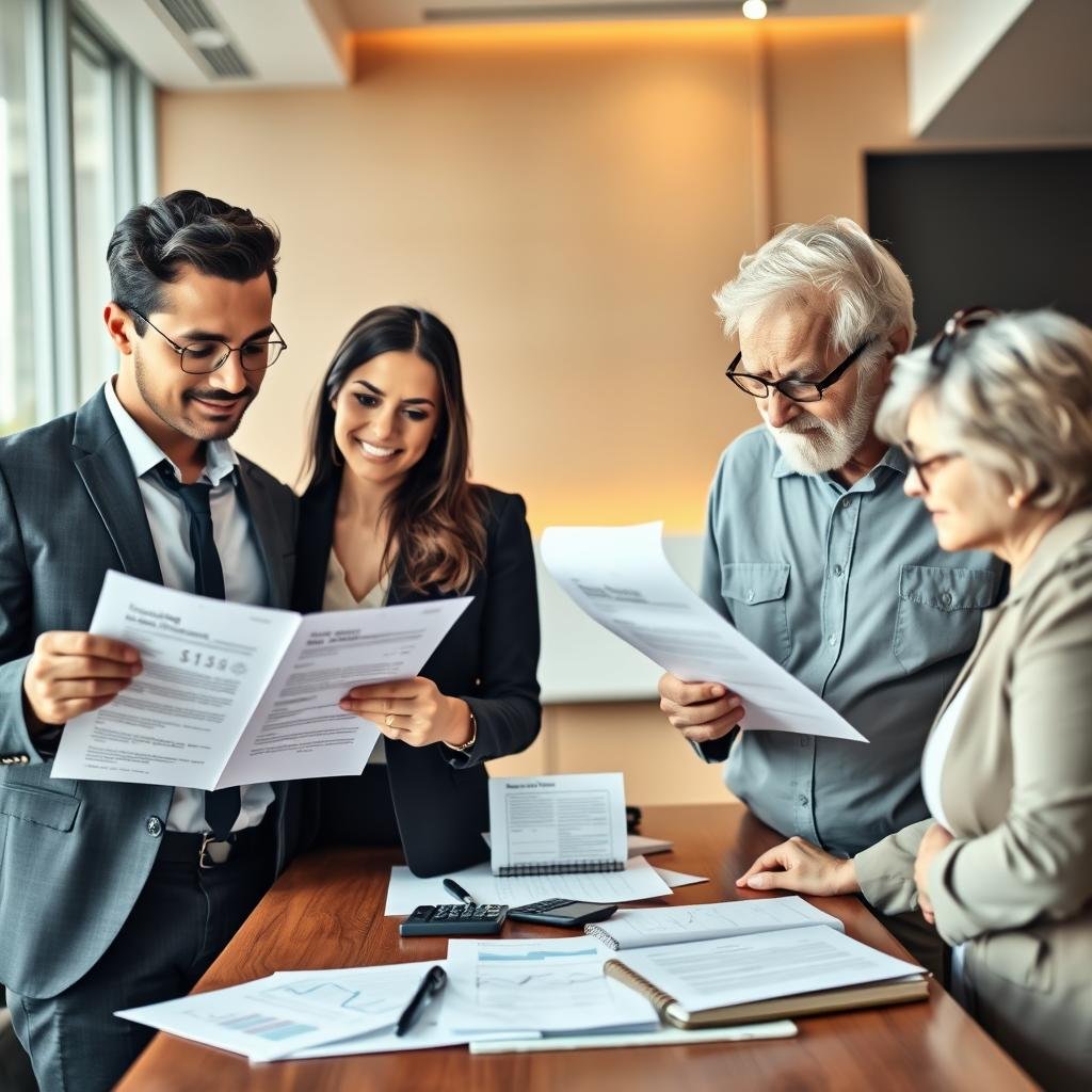 A professional setting contrasting term and whole life insurance. In the foreground, a clear split image: on the left, a young, diverse couple looking engaged as they examine a term life insurance document, dressed in smart business attire, with a thoughtful expression on their faces. On the right, an older couple, also in professional clothing, contemplating a whole life insurance policy, with a confident and reassuring demeanor. The middle ground features a modern office desk cluttered with graphs, calculators, and insurance brochures, highlighting comparisons. The background is softly blurred with warm lighting, suggesting a welcoming environment. The mood is informative yet inviting, encouraging careful consideration of insurance choices. Use a slight overhead angle to create depth and focus on the dynamic between both insurance types, avoiding any text or overlays.