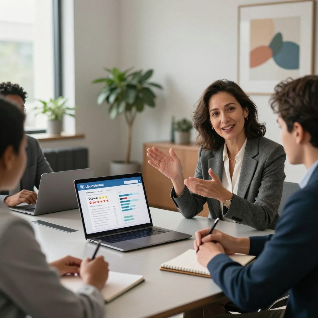 A professional setting featuring a diverse group of people discussing Liberty Mutual insurance reviews around a sleek, modern conference table. In the foreground, a middle-aged woman in smart business attire is actively sharing her positive experience, while a young man nods in agreement, taking notes. The middle ground showcases a laptop displaying customer ratings and feedback graphs, hinting at detailed analysis. The background features a sophisticated office space with large windows allowing natural light to fill the room, creating a warm and inviting atmosphere. Subtle elements like potted plants and modern artwork enhance the ambiance. The overall mood is collaborative and engaged, reflecting informative discussions about customer feedback and satisfaction. Employ soft, balanced lighting to highlight the participants and their expressions.