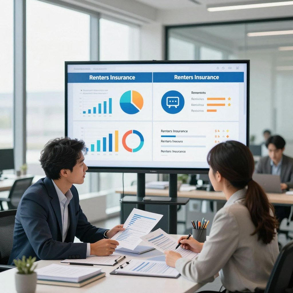 A professional setting featuring a well-organized workspace focused on comparing renters insurance policies. In the foreground, a diverse group of two people, one man and one woman, are engaged in a discussion, both dressed in smart casual attire. They are analyzing documents and charts on a sleek desk. The middle ground shows a large screen displaying a side-by-side comparison of different renters insurance policies illustrated with colorful graphs and icons, emphasizing customer reviews and satisfaction ratings. In the background, a bright, modern office environment with natural light streaming in through floor-to-ceiling windows, accentuating a sense of clarity and trust. The atmosphere conveys professionalism, with a clear focus on collaboration and informed decision-making.
