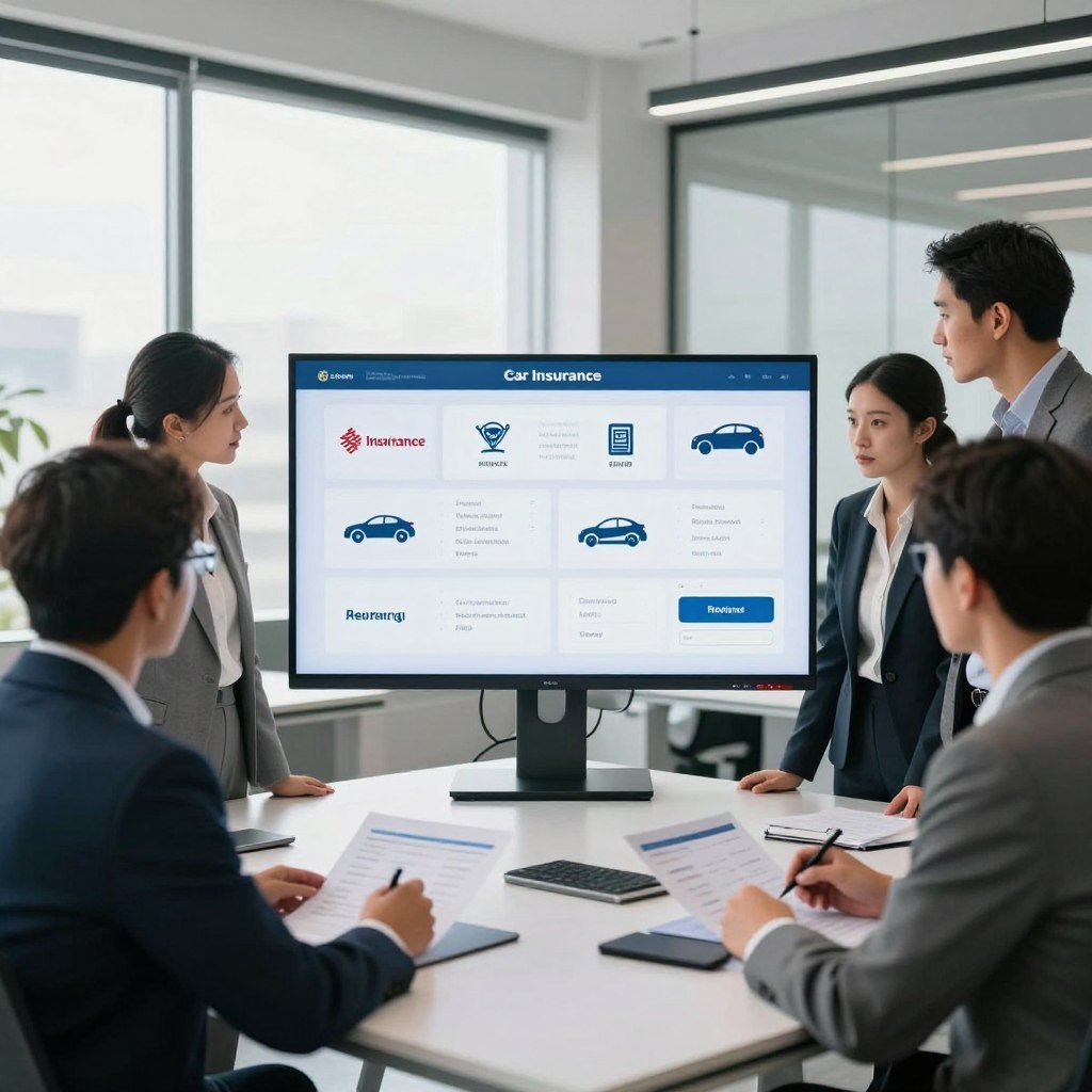 A professional setting set in a sleek, modern office with a focus on car insurance comparison. In the foreground, a diverse group of business professionals, dressed in smart business attire, are intently reviewing car insurance quotes displayed on a large digital screen. The middle ground features various icons representing different car insurance companies, subtly hinting at competition. The background showcases a stylish office with large windows allowing natural light to flood in, creating a bright, welcoming atmosphere. Use a wide-angle lens to capture the interaction, highlighting the engaged expressions on the individuals’ faces. The overall mood is focused and collaborative, emphasizing the importance of informed decision-making in securing affordable coverage.