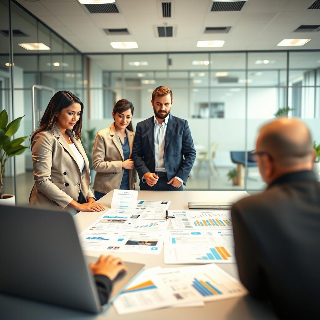 A professional setting showcasing a comparison of life insurance companies. In the foreground, a diverse group of three individuals in business attire, including a woman in a blazer, a man in a smart suit, and a person in a professional dress, are gathered around a sleek laptop displaying a life insurance comparison chart. In the middle ground, a large conference table is covered with brochures and graphs that detail different life insurance plans. In the background, a bright office space features glass walls and potted plants, suggesting a modern corporate environment. The lighting is warm and inviting, with soft overhead lights creating a professional yet approachable atmosphere. The overall mood is focused and collaborative, emphasizing the importance of informed decision-making in selecting a life insurance provider.