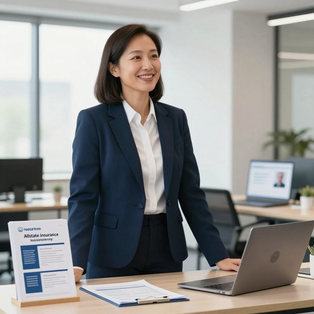 A reputable Allstate insurance agent stands confidently in a modern office setting, wearing a tailored navy suit and a crisp white shirt. The agent, a middle-aged woman with shoulder-length dark hair, is engaged in a conversation, smiling warmly, conveying trust and friendliness. On the desk, neatly arranged are brochures about various insurance policies, alongside a laptop displaying a professional website. The background is softly blurred, featuring a window with natural light pouring in, illuminating the room and creating a welcoming atmosphere. The angle is slightly elevated to capture both the agent and the office environment, emphasizing professionalism. The mood is optimistic and approachable, reflecting the essence of customer service in the insurance industry.