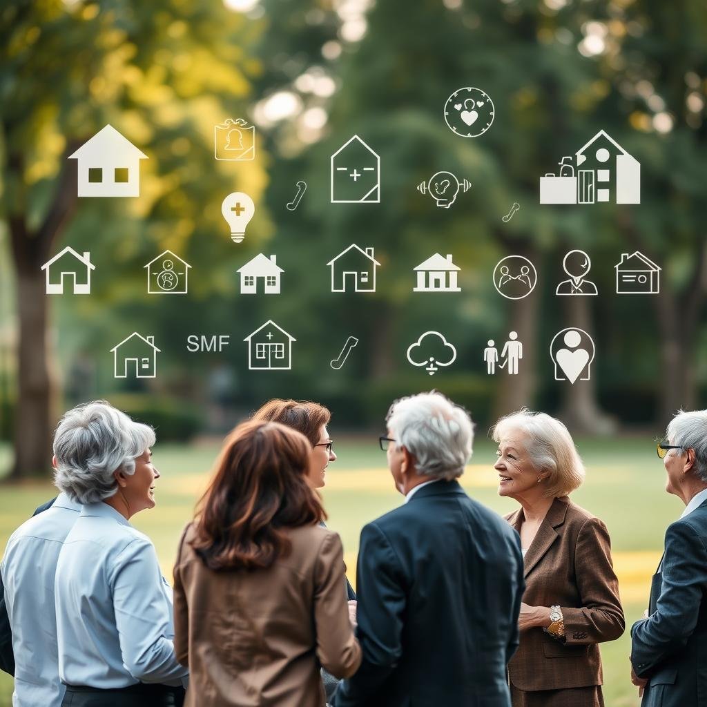 A serene and inviting scene depicting the concept of life insurance benefits for seniors. In the foreground, a diverse group of older adults in professional business attire is engaged in a warm discussion, symbolizing community and support. The middle ground features an array of visual metaphors for life insurance benefits, such as homes, healthcare symbols, and happy family gatherings, all subtly blended to represent safety and security. The background is a calm park setting with gentle sunlight filtering through trees, creating a peaceful atmosphere. Use soft lighting with a warm color palette, and a slight depth of field to focus on the seniors while keeping the background slightly blurred. The mood is reassuring and optimistic, embodying the protection and peace of mind that life insurance can bring.