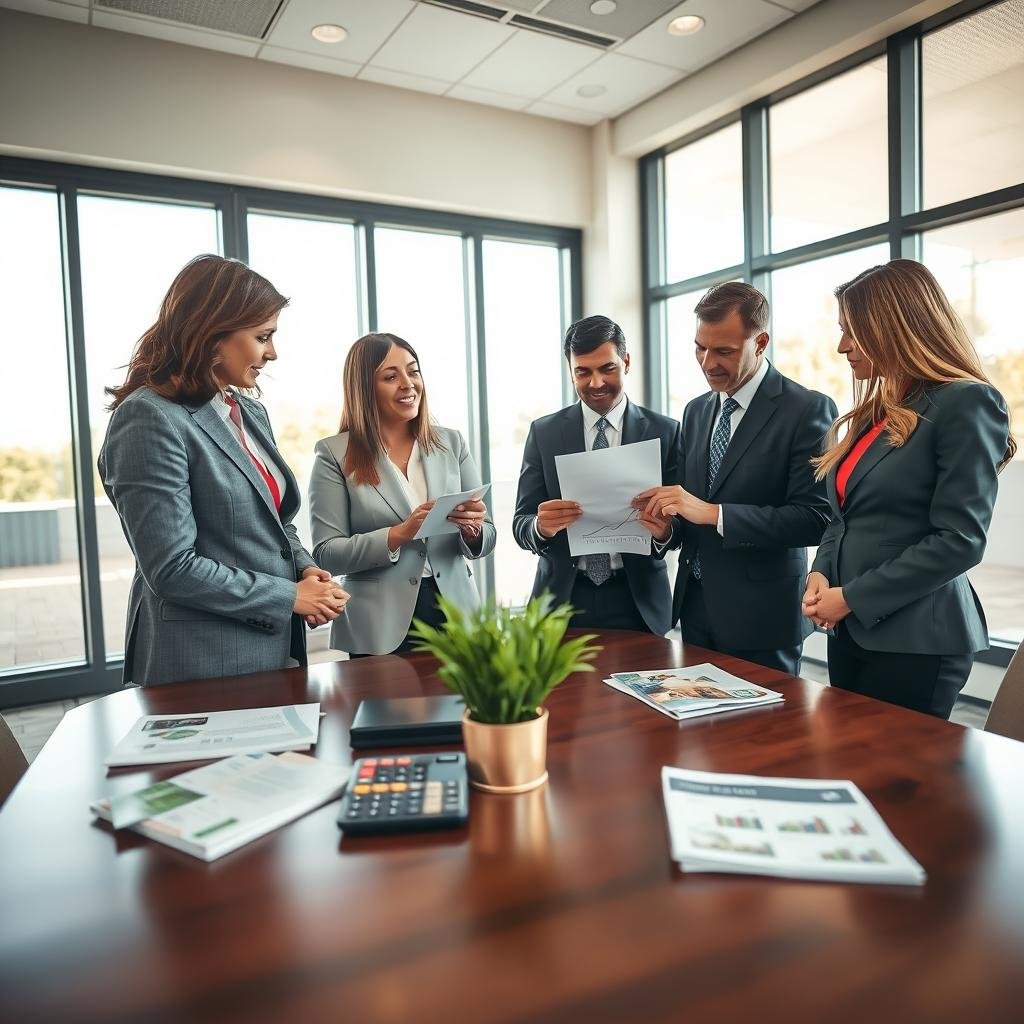 A serene and professional office setting illustrating the benefits of whole life insurance. In the foreground, a diverse group of individuals in smart business attire discusses financial documents, with one person pointing to a visual graph showing cash value growth over time. In the middle, a polished wooden desk with a live plant, a calculator, and insurance brochures creates a sense of organized professionalism. The background features large windows allowing soft natural light to illuminate the room, adding warmth to the atmosphere. The mood is focused and optimistic, representing financial security and steady accumulation of wealth. Use a slightly elevated angle to capture the interaction, with a shallow depth of field to emphasize the group and their materials while softly blurring the background.