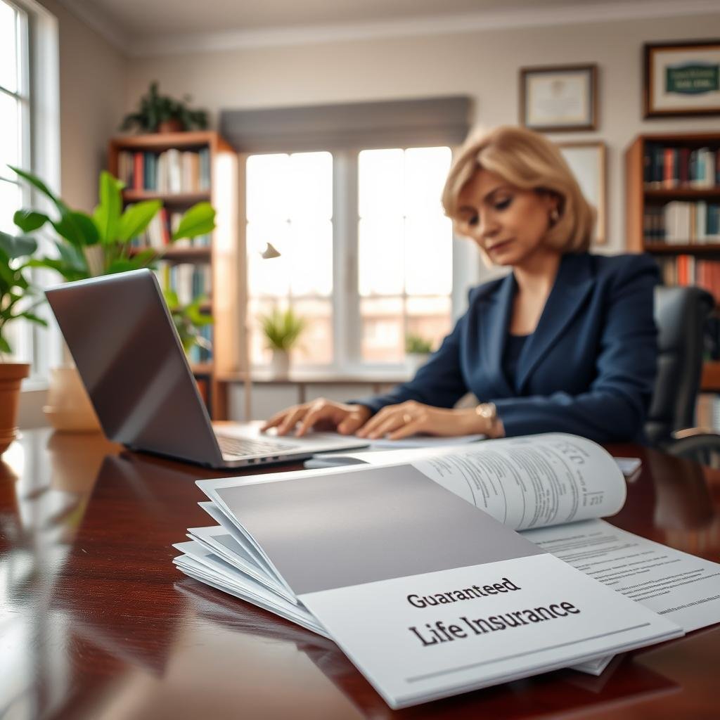 A serene and professional office setting, showcasing a middle-aged businesswoman in a smart navy suit, seated at a polished wooden desk with a laptop open, analyzing life insurance documents. The foreground features a close-up of various life insurance brochures, including one prominently displaying "Guaranteed Issue Life Insurance." In the middle ground, a large window lets in soft, natural light, casting a warm glow throughout the office, while indoor plants add a touch of nature. The background features bookshelves filled with financial literature and a framed certificate on the wall, ensuring a trustworthy atmosphere. The mood is calm and focused, reflecting the importance of making informed financial decisions. The composition is well-lit and taken from an angle that highlights the main subject and the documents. A serene and professional office setting, showcasing a middle-aged businesswoman in a smart navy suit, seated at a polished wooden desk with a laptop open, analyzing life insurance documents. The foreground features a close-up of various life insurance brochures, including one prominently displaying "Guaranteed Issue Life Insurance." In the middle ground, a large window lets in soft, natural light, casting a warm glow throughout the office, while indoor plants add a touch of nature. The background features bookshelves filled with financial literature and a framed certificate on the wall, ensuring a trustworthy atmosphere. The mood is calm and focused, reflecting the importance of making informed financial decisions. The composition is well-lit and taken from an angle that highlights the main subject and the documents.