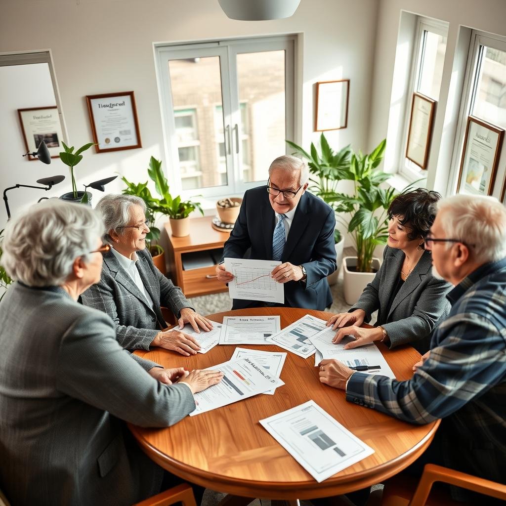 A serene and professional setting, showcasing a diverse group of seniors engaged in a discussion about life insurance riders. In the foreground, a friendly senior couple, dressed in smart, modest business attire, is seated at a round wooden table covered with brochures and financial documents. In the middle, an experienced insurance agent, also a senior, is explaining various riders, gesturing towards an illustrative chart. The background features a bright, welcoming office space with soft natural light streaming through large windows, green plants, and framed certificates on the walls, creating a warm and trusting atmosphere. The mood is collaborative and informative, focusing on the idea of safeguarding the future through thoughtful financial planning. The angle is slightly overhead to capture both the interaction and the surrounding environment.