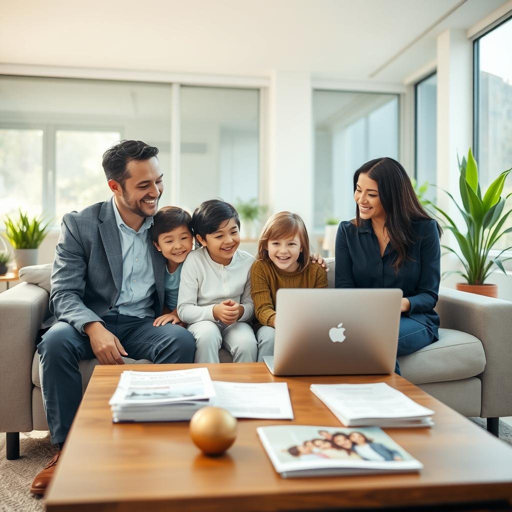 A serene family scene set in a bright, modern living room. In the foreground, a diverse family of four—two parents and two children—are happily discussing life insurance options, with a laptop open in front of them. The parents are dressed in smart, professional attire, while the children wear casual but neat clothing. The middle area features a coffee table with family photos and documents about life insurance. Background elements include a cozy sofa, potted plants, and soft sunlight streaming through large windows, creating a warm, inviting atmosphere. The mood is optimistic and reassuring, highlighting the importance of planning for different life stages. The image should be bright and colorful, with a clear focus on the family interaction, captured with a slight depth of field effect.