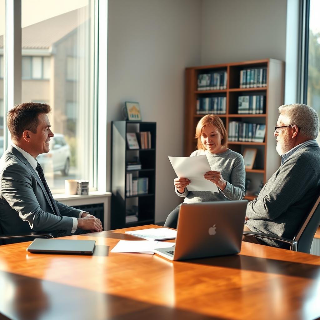 A serene office environment, featuring a professional financial advisor seated at a sleek, modern desk. The advisor, a middle-aged person in business attire, is engaged in a thoughtful discussion with a middle-aged couple, dressed in modest casual clothing, who are reviewing life insurance documents together. In the foreground, there's a polished wooden table with a laptop and neatly arranged papers. In the middle background, large windows allow soft, natural light to fill the room, casting warm tones that create an inviting atmosphere. A bookshelf filled with reference materials and insurance brochures can be seen, enhancing the sense of professionalism. The overall mood conveys trust, support, and clarity, as they navigate the decision-making process for guaranteed issue life insurance policies without the need for medical exams.