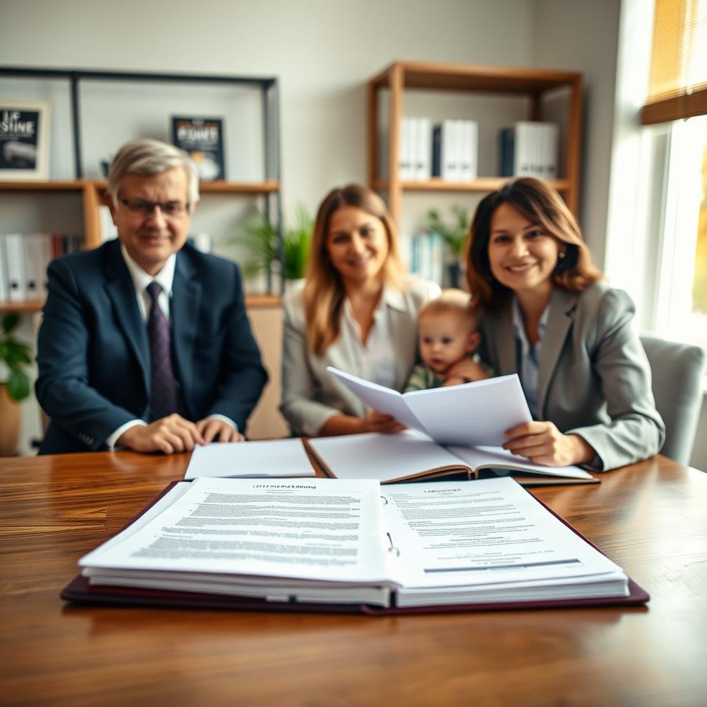 A serene office setting with a wooden desk at the foreground, featuring a family meeting with an advisor discussing life insurance and estate planning documents. The family, dressed in professional business attire, includes a couple and their child, exuding a sense of security and togetherness. In the middle, a large open binder displays detailed estate planning materials alongside a life insurance policy. Soft, natural light streams through a nearby window, highlighting the family's expressions of hope and trust. In the background, a bookshelf filled with financial literature and a plant adds warmth to the atmosphere. The lens captures the scene with a slightly blurred focus on the documents, promoting a sense of importance and clarity. The overall mood is calm, focused, and reassuring.