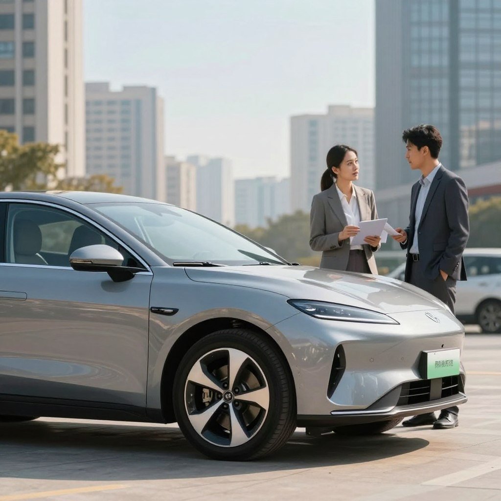 A sleek, affordable vehicle parked in an urban setting, showcasing its economical design and low-profile features. In the foreground, the vehicle should glisten under soft daylight with reflections highlighting its modern contours. The middle ground features a couple in professional business attire, discussing and comparing car insurance options, with expressions of interest and contemplation. In the background, a cityscape adds context, with tall buildings and a clear blue sky, emphasizing a modern urban lifestyle. The lighting should be bright and inviting, casting gentle shadows to create a warm, approachable atmosphere that embodies the theme of affordability and practicality in vehicle selection.