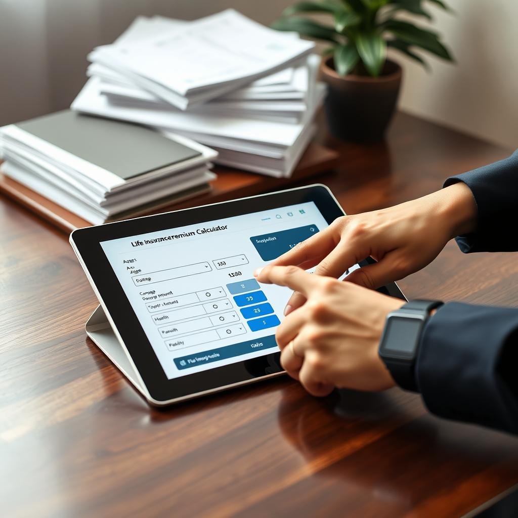 A sleek and modern life insurance premium calculator displayed on a digital tablet, placed on an elegant wooden desk. In the foreground, the tablet screen shows an interactive calculator interface with various inputs, such as age, coverage amount, and health details. In the middle, a pair of professional hands, wearing a smart watch, are manipulating the touch screen, exhibiting engagement with the tool. The background features softly focused stacks of insurance documents and a potted plant to create a warm, inviting atmosphere. Soft, diffused lighting casts gentle shadows, enhancing the scene's clarity without harshness. The overall mood conveys professionalism and accessibility, encouraging viewers to utilize online tools for financial planning.
