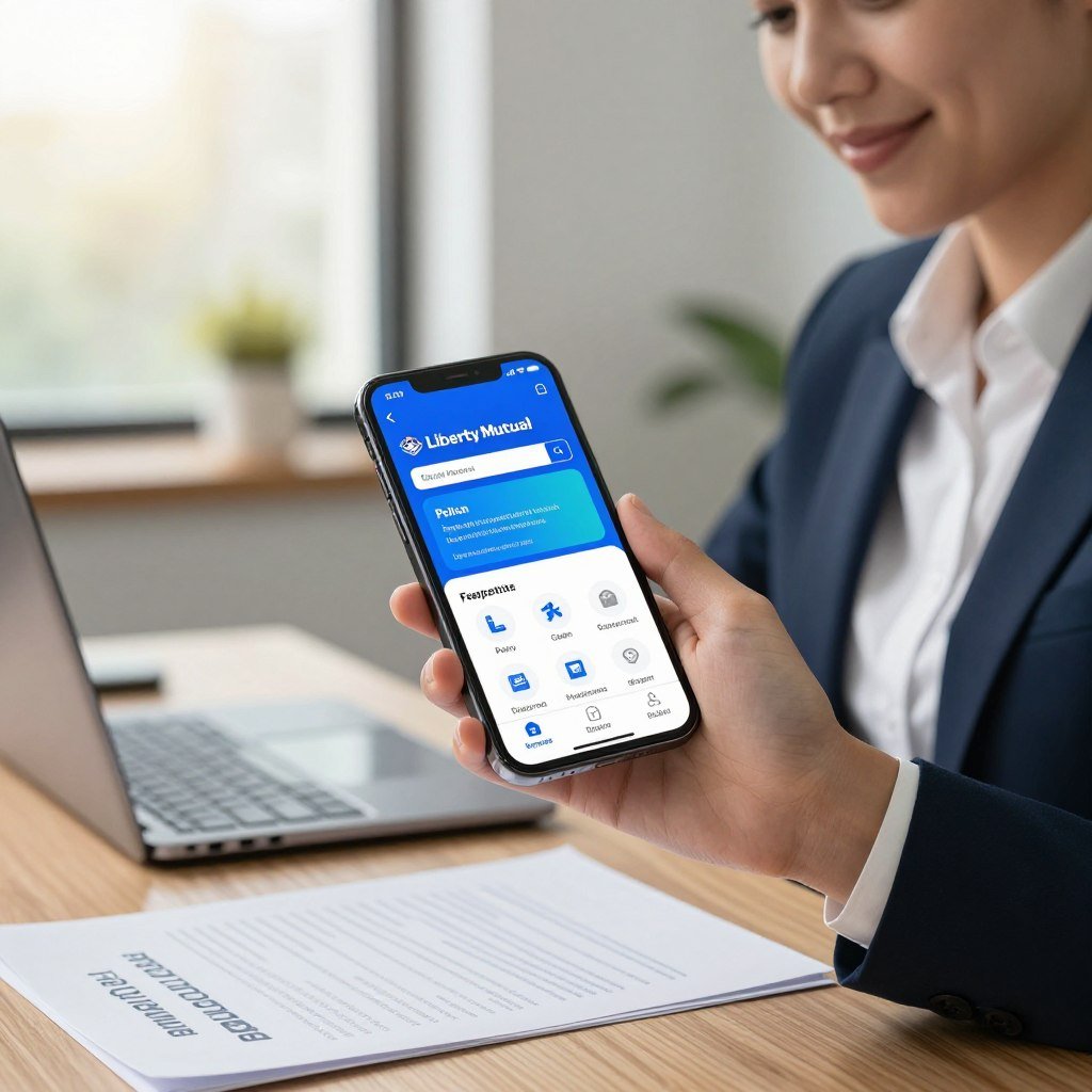 A sleek smartphone displaying the Liberty Mutual mobile app, showcasing its key features like policy management, claim filing, and customer support. The app interface should be vibrant and user-friendly, with icons representing various tools clearly visible. In the foreground, a professional individual dressed in business attire interacts with the phone, displaying a look of satisfaction and ease of use. The middle ground includes a well-organized workspace with a laptop and insurance documents, suggesting productivity. The background features a modern office environment, softly illuminated with natural light filtering through large windows, creating a warm and inviting atmosphere. The overall mood should convey efficiency, reliability, and modernity in digital insurance solutions.