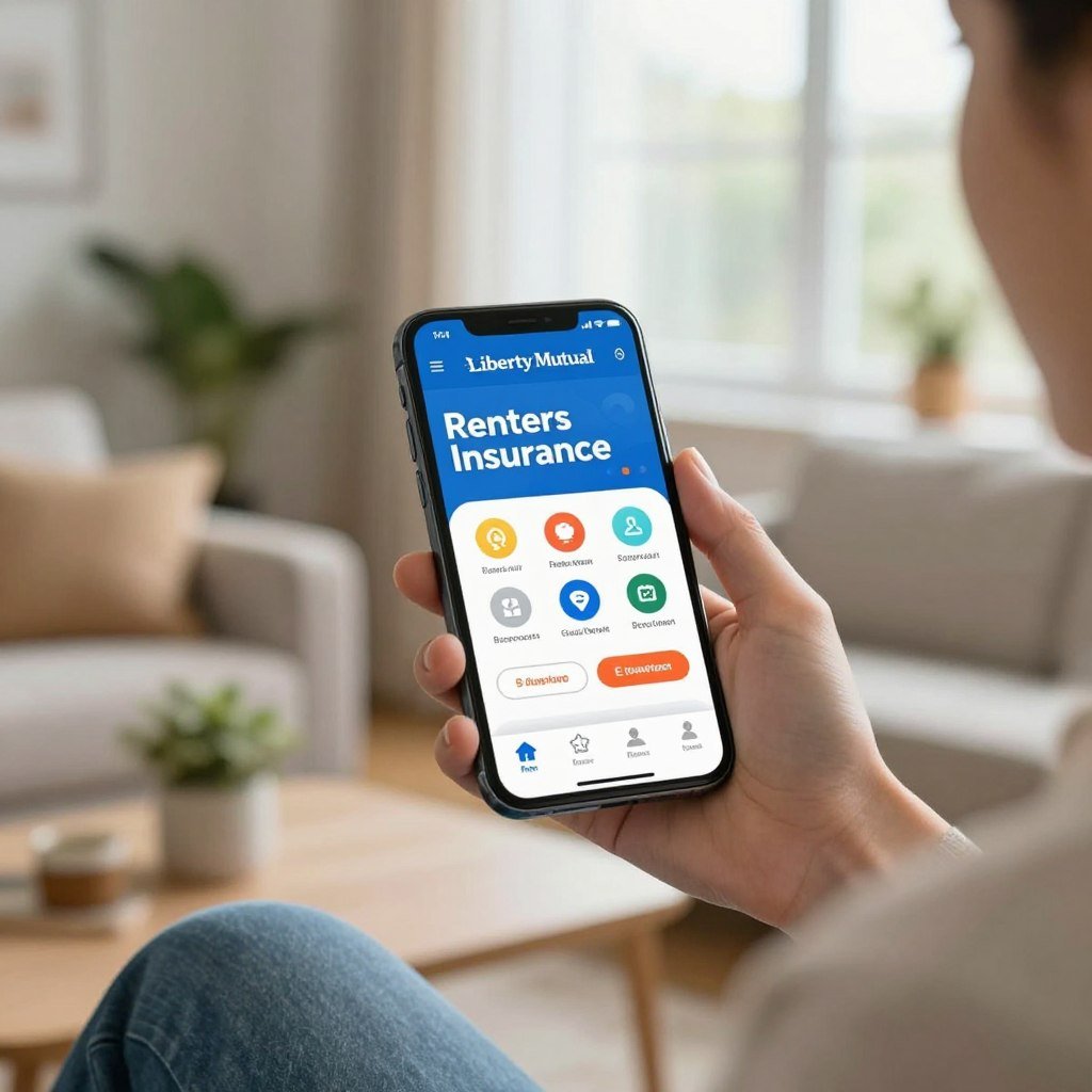 A sleek smartphone displaying the Liberty Mutual renters insurance mobile app interface, featuring colorful icons and user-friendly navigation. In the foreground, the phone is held by a professional, casually dressed individual, showcasing the app's features in their thoughtful expression. The middle background depicts a cozy living room setting with soft lighting, emphasizing a sense of home and security. Subtle details like houseplants and soft furnishings enhance the warmth of the scene. The background consists of a softly blurred window with natural light streaming in, creating an inviting and trustworthy atmosphere. The composition should evoke a feeling of ease and accessibility when managing renters insurance through innovative technology.