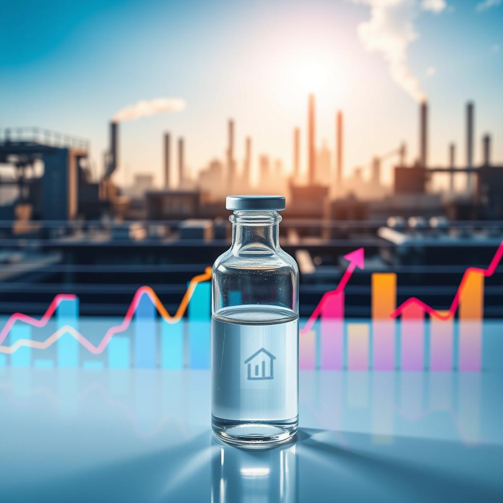 A sophisticated and informative illustration of the phenoxyethanol market trends related to investment casting. In the foreground, include a polished, transparent glass vial of phenoxyethanol, surrounded by vibrant graphs and charts displaying upward trends in various colors. The middle ground should feature a modern investment casting facility with advanced machinery, emphasizing precision and innovation. In the background, a subtle industrial landscape with silhouettes of factories under a clear blue sky to convey a sense of forward momentum. Utilize bright, diffused lighting to create a hopeful and optimistic atmosphere, focusing on clarity and professionalism. The scene should reflect a blend of science and industry, promoting the future outlook for phenoxyethanol in this specialized field.