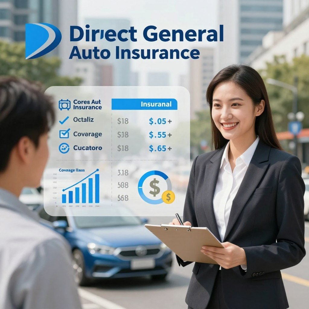 A split-screen comparison image showcasing Direct General auto insurance alongside other leading auto insurance providers. In the foreground, a friendly insurance agent in professional business attire stands with a clipboard, engaging with a smiling customer. The middle layer features visual elements like icons representing various coverage plans, comparison charts, and dollar signs indicating affordability. Behind them, a blurred cityscape symbolizes an urban environment where diverse drivers can benefit from insurance. The lighting is bright and inviting, reflecting a sense of trust and security. Use a standard lens perspective that captures both the agent and customer while retaining clarity in the comparison elements. The overall mood is optimistic and reassuring, emphasizing the theme of affordable coverage.